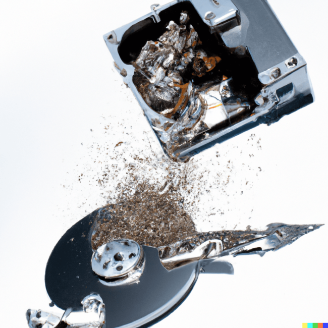 DALL·E 2023-03-07 22.32.07 – An image of a hard drive being physically destroyed by a shredder, representing the physical destruction methods used by ITAD companies to ensure secu
