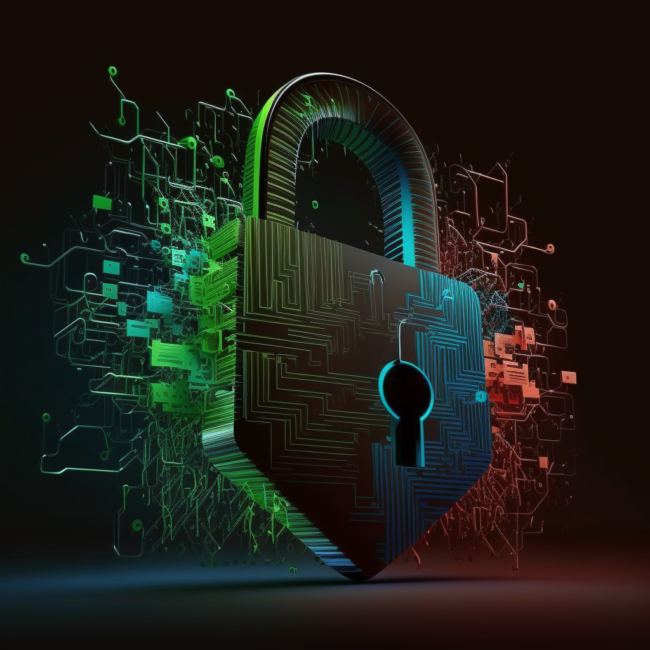 nelsonk87_Image_of_hackers_breahing_security_with_stylized_padl_e8bdcfbc-de19-4caa-a1a9-1d2d59e6c886 Lock with Green, Blue and Red indicating a potential breach in security.